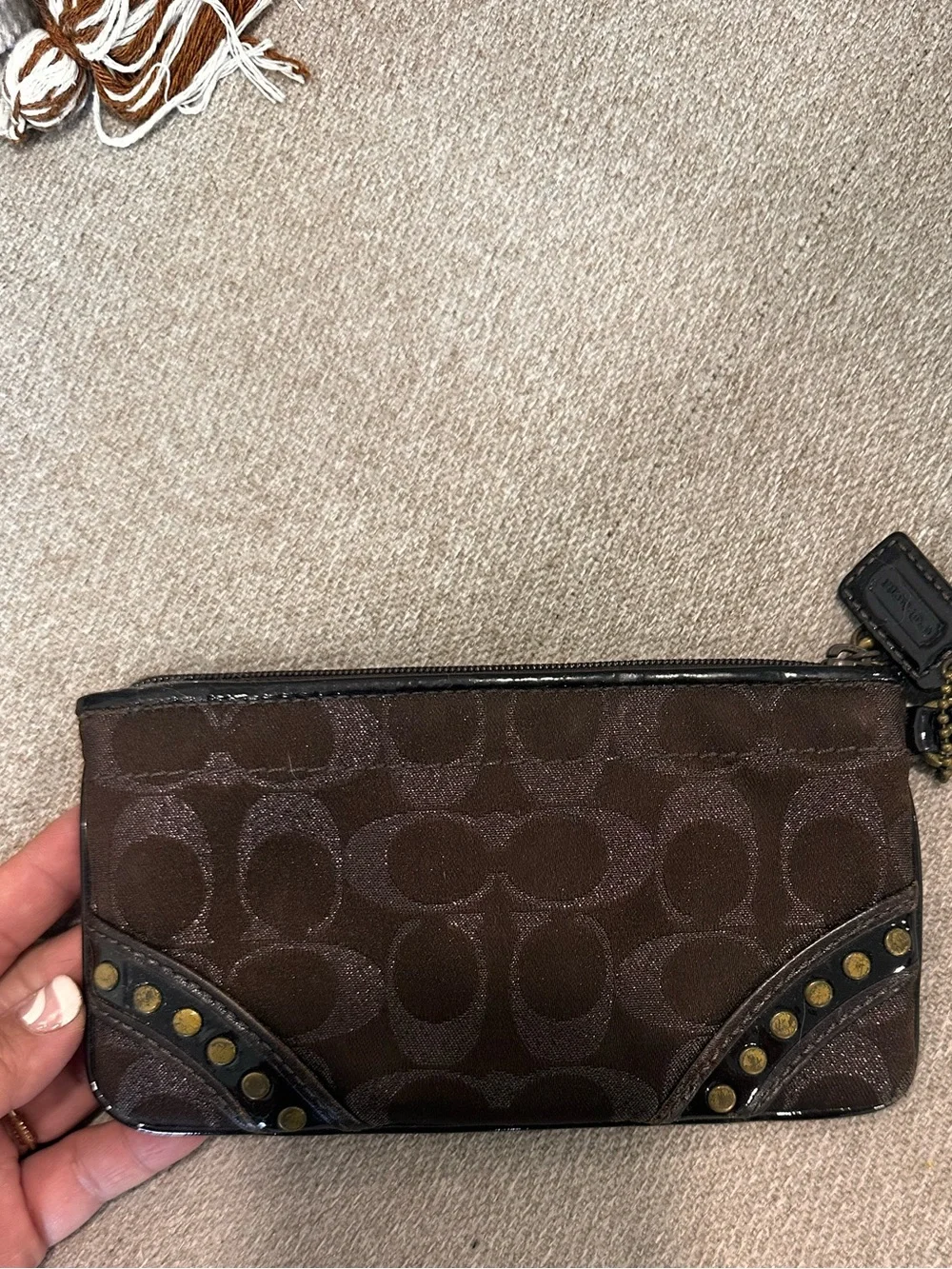 Coach Brown Sig. Studded Lurex Canvas, Patent Leather strap Wristlet